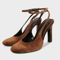 Retro Brown Faux Suede High Heels Round Toe Ankle Strap Buckle Brand Shoes Elegant Banquet