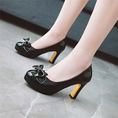 Round Toe Platform Thick High Heels Bow Shallow Wedding Shoes Black Beige 43