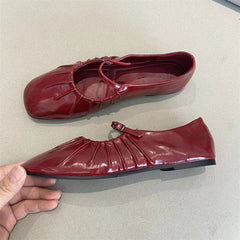 Pleated Mary Janes Flats Shoes Square Toe Pu Leather Comfortable Elegant Red Shoes Shallow Black Ballet Flats