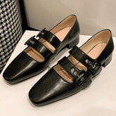 genuine leather double metal buckle slip-on mary jane flats sqaure toe casual soft comfortable ballerinas shoes