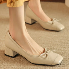 Plus size 34-41 sheepskin slip-on pumps 4cm thick low heel sweet bowtie elegant high quality soft comfort shoes