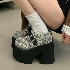 Chunky Platform Buckle Strap Street Style Round Toe Very Square High Heels Stripper Club