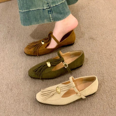 Metal Decoration Tassel Design Flats Comfortable Faux Suede Soft Sole Loafers Retro T Strap Buckle Mary Jane Shoes