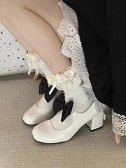 Sweet Round Toe Mary Janes Bow Detail Block Middle Heels Classic Dress Party