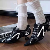Low Heels Pointed Toe Shoes Lace Up Sports Style High Heels Colorblock Versatile Breathable Mesh Strappy Pumps