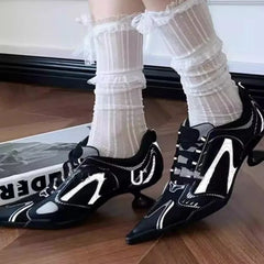 Low Heels Pointed Toe Shoes Lace Up Sports Style High Heels Colorblock Versatile Breathable Mesh Strappy Pumps