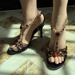 Bohemian Style Gem Ankle Strap Sandals Silk Open Toe Gladiator High Heels Wedding Prom Shoes Zapatos Mujer