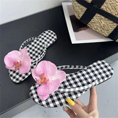 Design Flower Geometric Clip Toe Low Flat Heels Slippers Casual Flip Flops Party Shoes