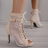 Show Net Fabric Cross Strap High Heel Sandals Pumps Lace-up Peep Toe Sandals Casual Mesh