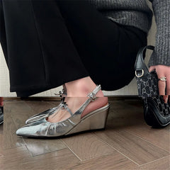 Genuine Leather Slingbacks Pumps Pointed Toe Silver Black Wedges Heels Shoes Woman Pumps