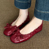 Red Bow Pleated Design Brand Ballet Flat Shoes Retro Round Toe Shallow Mary Jane Shoes Comfortable Moccasin