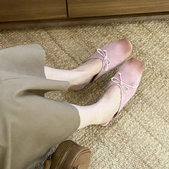 Mixed Color Bow Satin Square Toe Flat Slippers Comfortable Casual Shallow Elegant Mule Shoes Zapatillas De Mujer