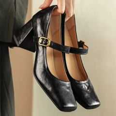 sheepskin square toe slip-on very Jane pumps 6.5cm thick high heel elegant evening dress heeled shoes