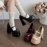 Platform Thick Heel Mary Jane Shoes Butterfly-knot Shoes Outdoor Dress Leather Pumps