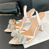 Crystal Rhinestone Bowknot Pointed Open Toe Back Strap Sandals Pink High Heels Wedding Prom Shoes Size 35-41