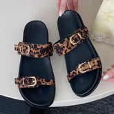 Big Size Footwear Leopard print Slippers Slides Shoes Beach Metal Buckle Flat Sandals Shoes
