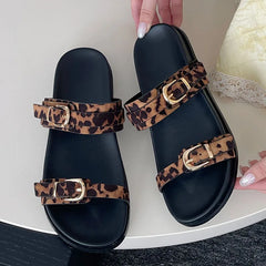 Big Size Footwear Leopard print Slippers Slides Shoes Beach Metal Buckle Flat Sandals Shoes
