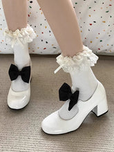 Sweet Round Toe Mary Janes Bow Detail Block Middle Heels Classic Dress Party