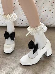 Sweet Round Toe Mary Janes Bow Detail Block Middle Heels Classic Dress Party