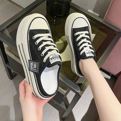Canvas Platform Wedge Thick Slippers Lace Up Chunky Sneaker Casual Comfy High Brand Breathable Heightening Shoes