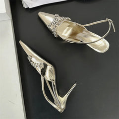 Design CRYSTAL Rhinestone Buckle Strap Banquet Thin High Heels Prom Sandals Mule Shoes Zapatos De Mujer