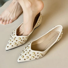 Pearl Rhinestone Decoration Flat Shoes Soft Leather Pointed Toe Ballet Flats Comfort Commuter Office Mary Jane Loafers