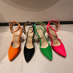 Pu Leather Ankle Strap Buckle Stiletto Pumps Slingback Pointed Toe High Heels Sandals Shoes Large Size 33-50