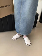 Slippers Shoes Low Slides Cover Toe Pantofle Fretwork Heels Flat Rubber PU Fabric Hoof Shoes Wo