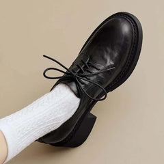 Womens Cowhide Lace Up Flat Shoes Oxford Round Toe Retro British High-Quality Soft Comfortable All Season Daily Shoes