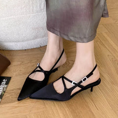 Silk High Heeled Sandals Narrow Band Shallow Low Heel Office Shoes Pointed Toe Pumps Brand Slingback