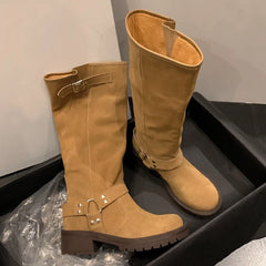natural suede leather slip-on knee high boots thick sole platform flats long boots metal buckle punk shoes