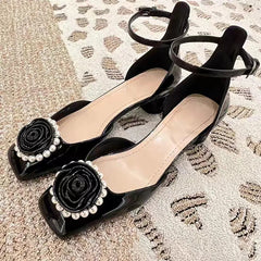 Pearl Flower Mary Jane Shoes High Heels Block Heel Square Toe Patent Leather Square Buckle Singles