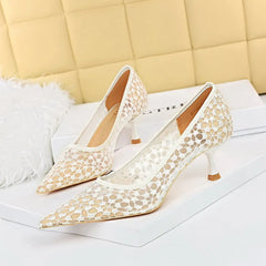 Shoes Banquet Shoes Fine Heel High Heel Pointed -headed Mesh Hollow Lace Shoes