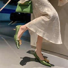 Pointy Toe Golden Flower Pumps Middle Heels Classic Slip On Rhinestone Ball Decor Causal