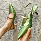 Satin Pointed Toe High Heels Sandals Green Slingback Party Muller Pumps