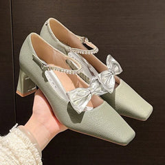 Elegant Bow Decoration Chunky Heel Pumps Rhinestone Ankle Strap Square Toe High Heels Wedding Bride Shoes