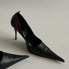 Pointed Toe Stiletto Rivet Decoration Shoes Black and Red Rome Shoes Slip-on Hand-made