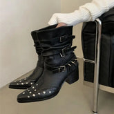 Black Gothic Shoes Platform Rivet Belt Buckle Chunky Heels Ankle Boots Punk Woman Cowboy Western Boots Arrival