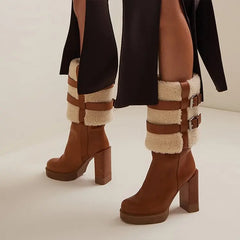 Brown Platform Suede Boots Round Toe Lambswool Shoes Chunky Heel Mid-Calf Booties Warm Vintage Shoes Rubber Sole
