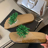 Green Pearl Slides Transparent Slippers Cozy Wide Open Toe Low Heels Beach Shoes Gladiator Sandals