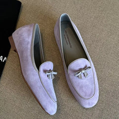 Suede Loafers shoes with Genuine Leather Bow Decoration Flat Shoes Comfortable Shallow Mouth Shoes