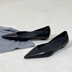 Pointed Toe Leather Flat Shoes Tapered Low Heel Pumps Black Shallow Mouth Design Comfort Casual Office Shoe