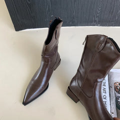 Black Pointed Toe Boots Woman Chunky Shoes Fall High Heels Brown Ankle Boots Back Zipper Shoes