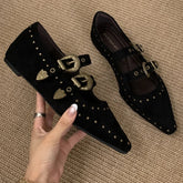 Rivets Pointed Toe Mary Jane Shoes High Quality Double Belt Buckle Design British Style Casual Flat Shoes