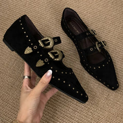 Rivets Pointed Toe Mary Jane Shoes High Quality Double Belt Buckle Design British Style Casual Flat Shoes