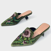 Embroidery Velour Shoes Woman Strange Heel Slippers Design Mules Femme Pointed Toe Wedges Tacones Slides Slip On Pantuflas Mujer