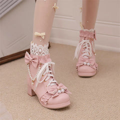 Lolita Ankle Short Boots Round Toe Kawaii Thick Mid Heels Zipper Bead Bow Lace-up Lady Cosplay Shoes