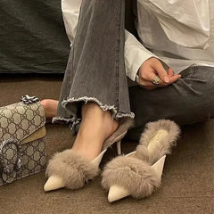 High Heel Shoes Fur Slippers Mules Pointed Toe Furry Slides Elegant Flip Flops Office Pumps