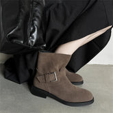 Ankle Boots Cow Suede Round Toe Motorcycle Boots Thick Low Heels Warm Shoes Buckles Boots