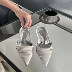 High Quality Satin Pleat Pointed Toe Pumps Slingbacks Thin Heels Shoes Banquet Party Sandals